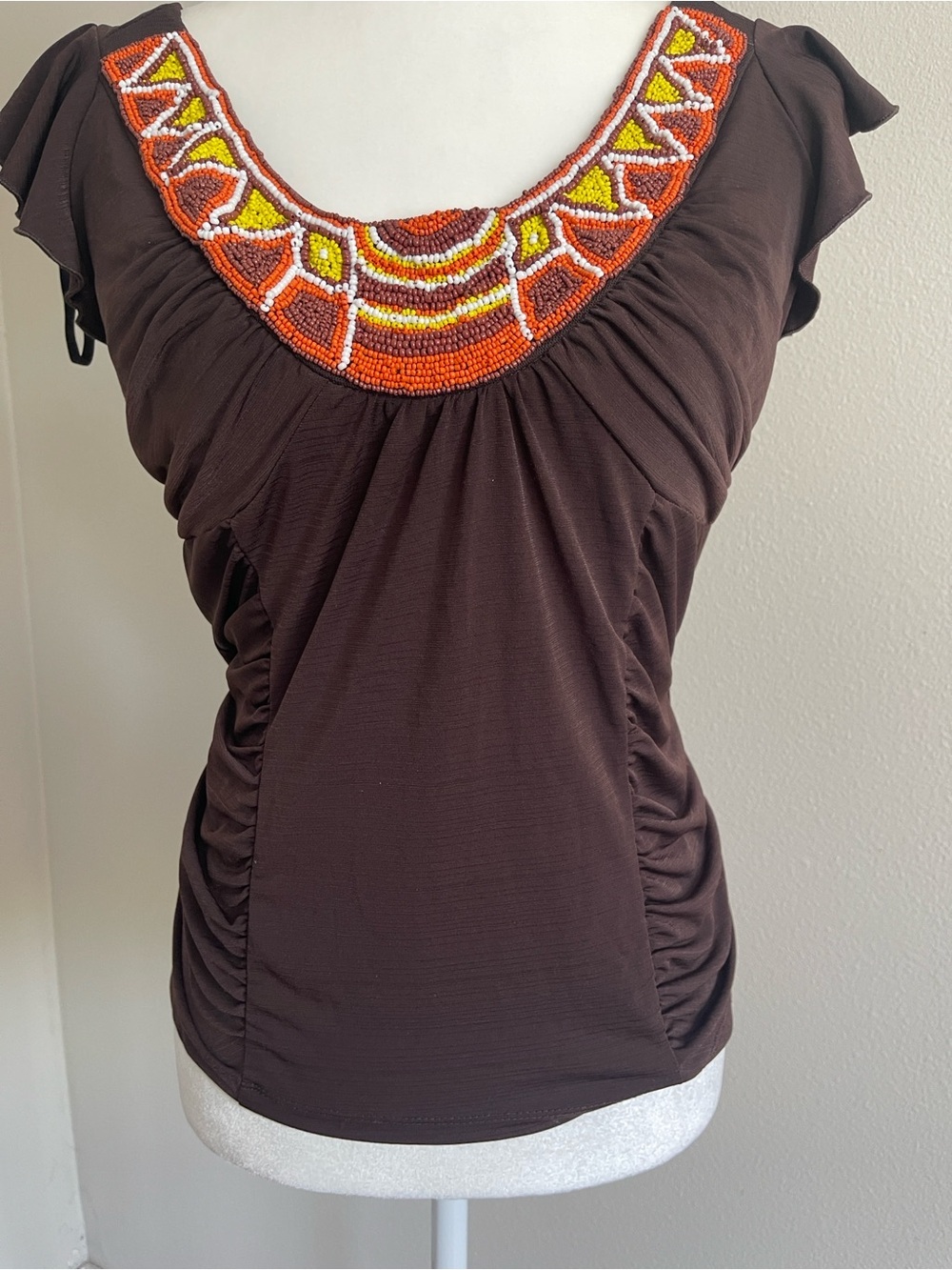 AB Studio Brown Top with Orange and Yellow Beaded Scoop Neck - Picture 3 of 6